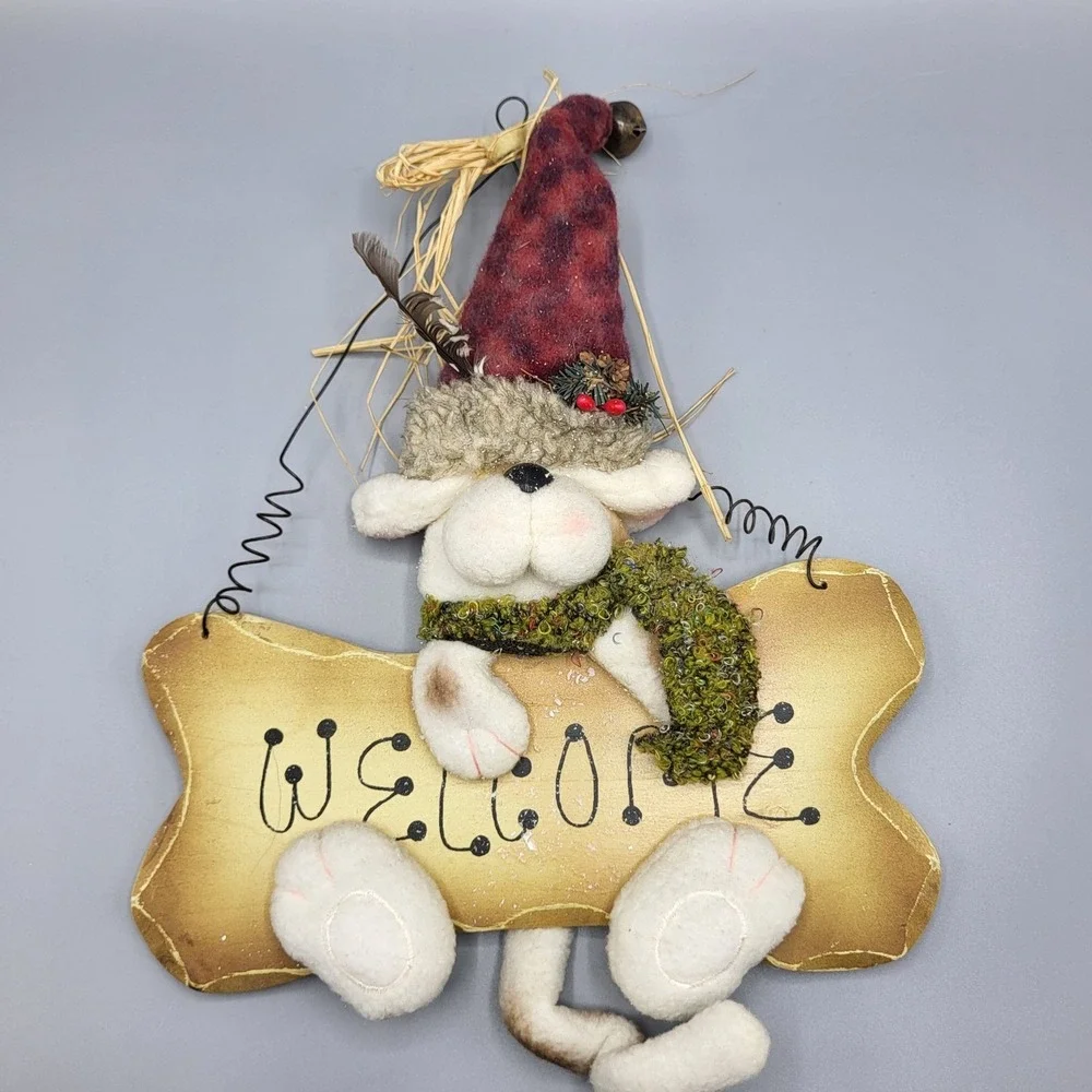 Vintage Puppy Dog Welcome Sign Wooden Wall Door 3D Hanging Plush Wood